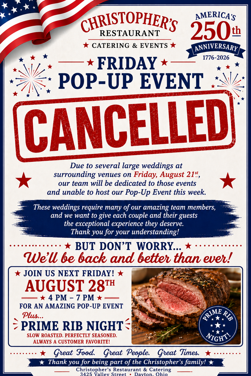 August 21st Pop Up Cancellation Flyer.  Due to Catering Schedule Conflicts this event is cancelled