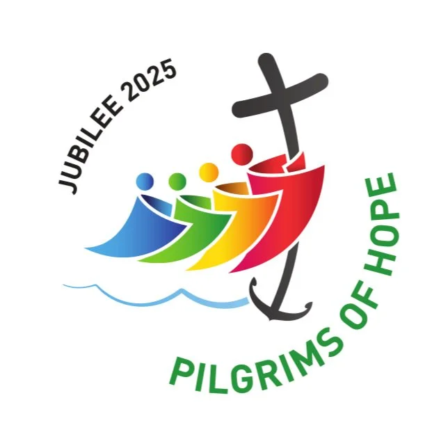 Logo for Jubilee 2025 featuring colorful figures, a cross, an anchor, and text 'Pilgrims of Hope.'
