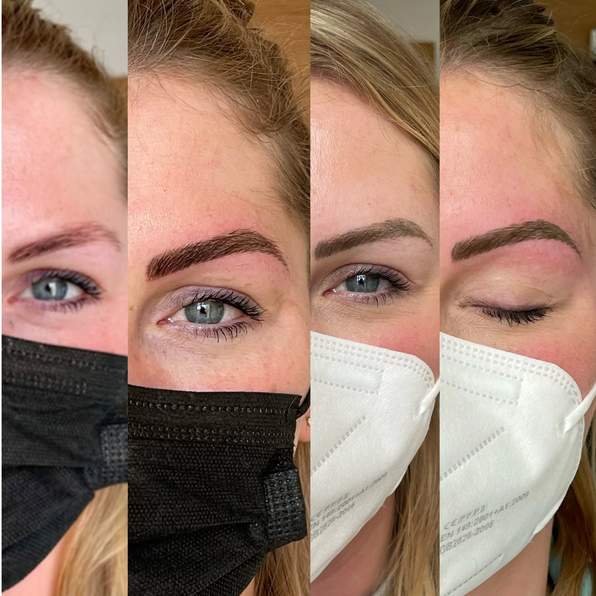 1. vorher
2. kurz nach der 1. Pigmentierung
3. abgeheilt nach 4 Wochen
4. kurz nach der 2. Pigmentierung
Technik: Härchenzeichnung