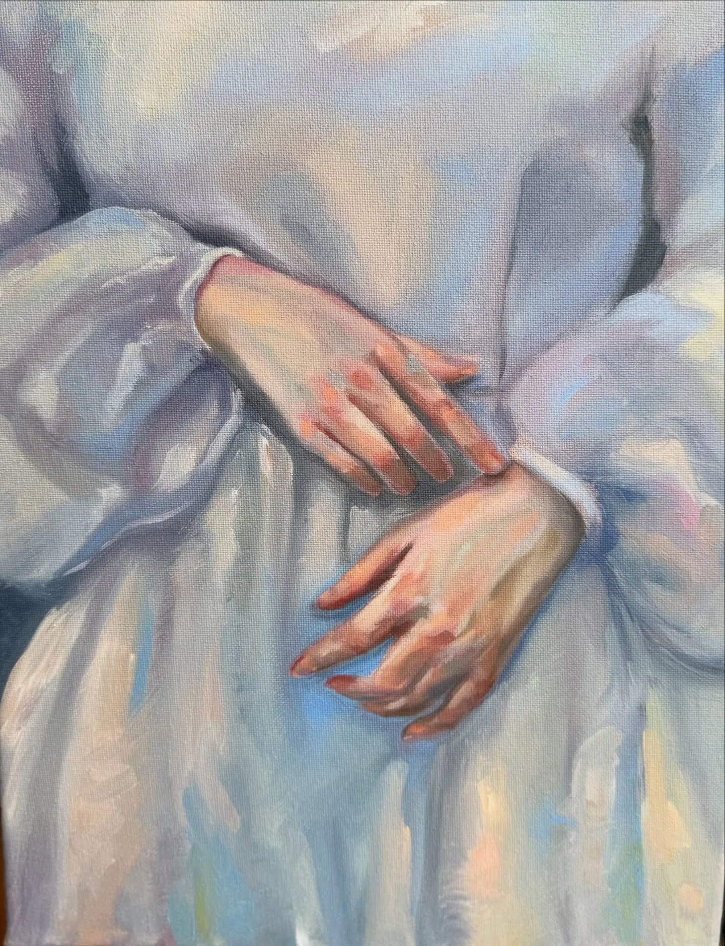 Here&rsquo;s the current state of this painting for my colour theory class, and all the iterations before 🤍 This is actually an attempt at painting a white dress but with as little white as possible and it definitely reads as blue but I think I&rsqu