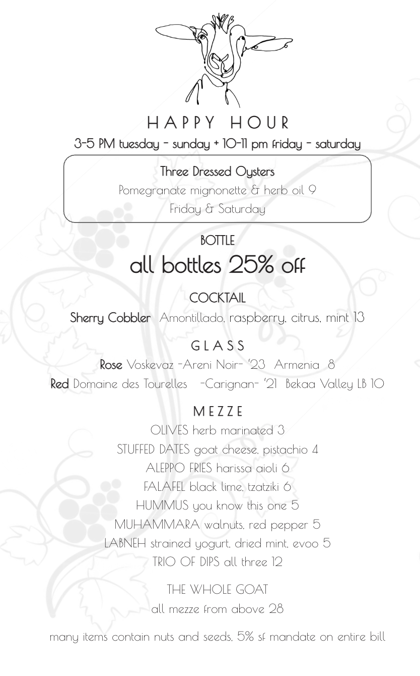 Roaming Goat Happy Hour menu: Tuesday–Sunday 3–5 pm, plus Friday–Saturday 10–11 pm.