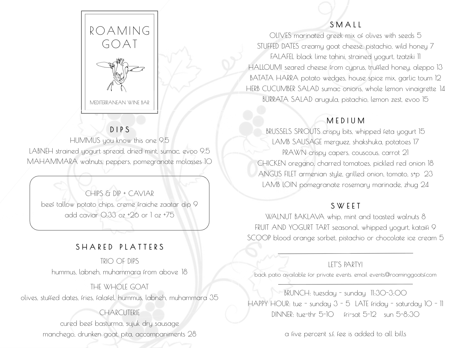 Roaming Goat Dinner menu with Mediterranean plates, dips, shared platters and sweets.