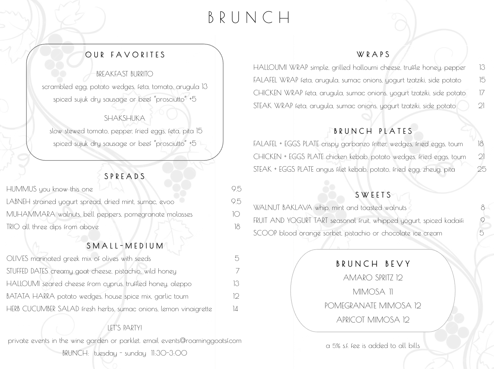 Roaming Goat Brunch menu, Tuesday–Sunday 11:30 am–3 pm.
