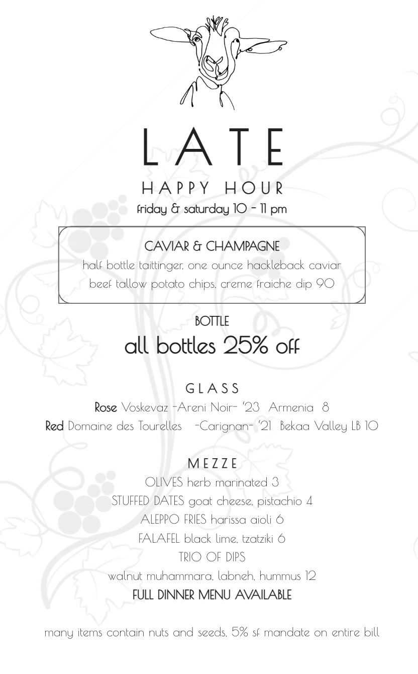 Roaming Goat Late Happy Hour menu, Friday and Saturday 10–11 pm.