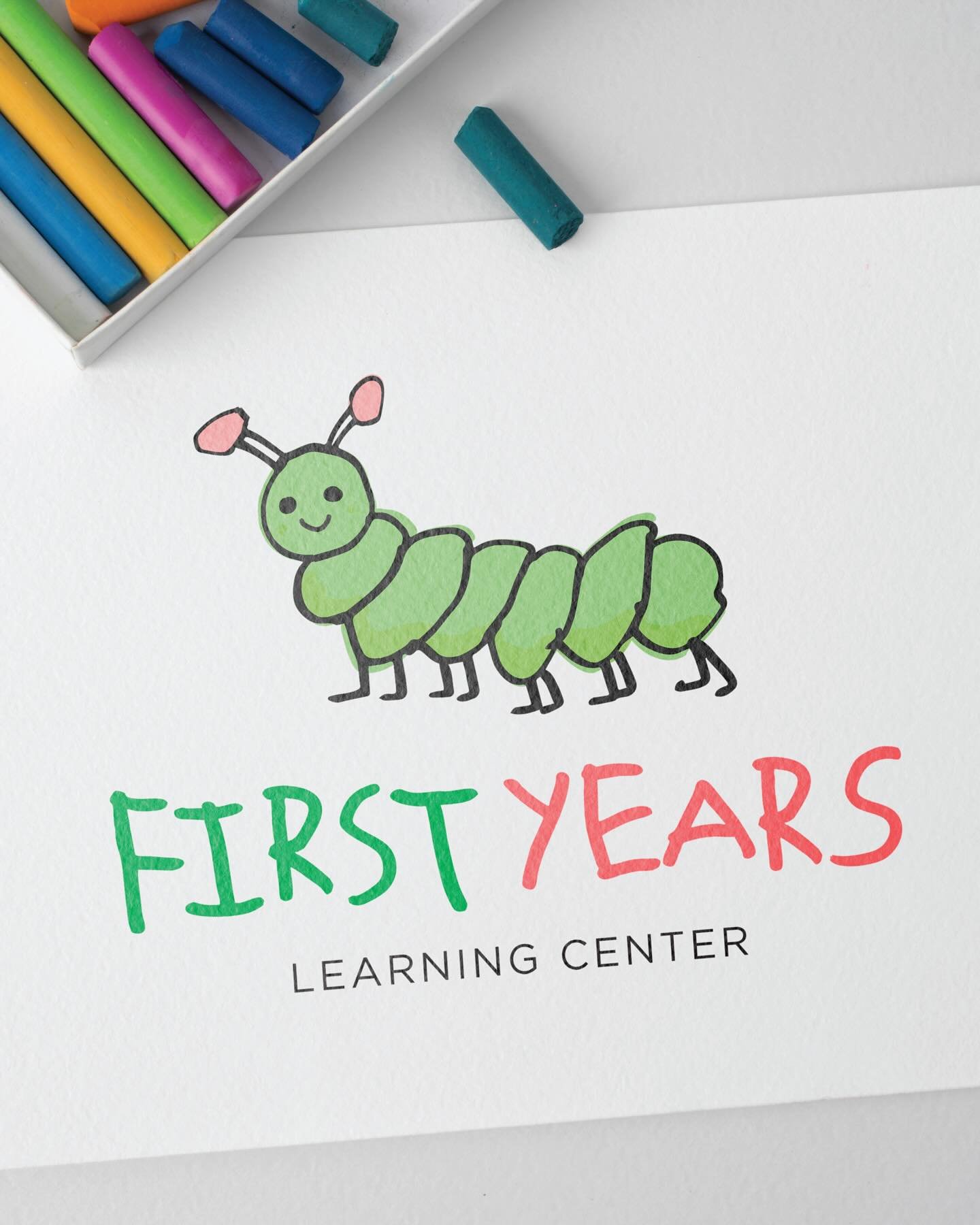 First Years Learning Center is a warm, welcoming home daycare supporting children two and under through their early learning years. 

The logo features a playful caterpillar and hand-drawn typeface, symbolizing growth. The bright, cheerful palette dr