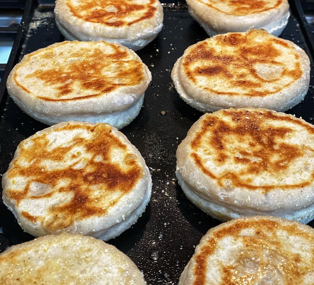 Good morning. Sourdough English muffins on the griddle - breakfast served. #sourdough #bread #bake #breakfast