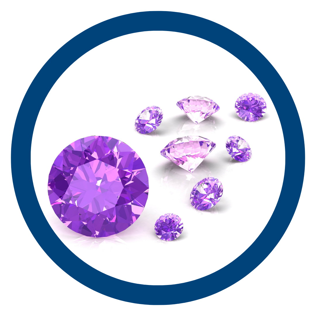 Large and small purple gemstones on a white background