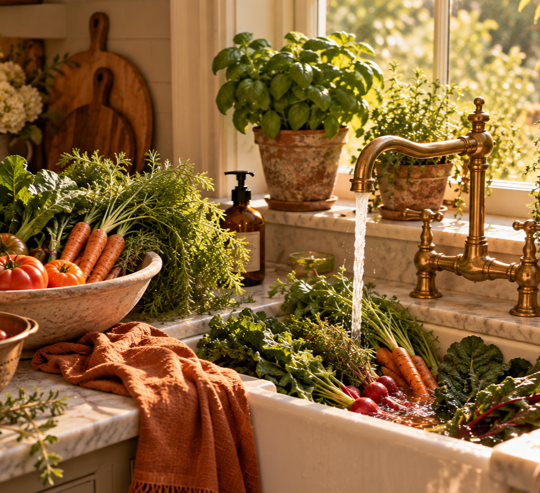 Vegetable prep, Vegetable cleaning, Garden vegetables, sink, faucet, bowls