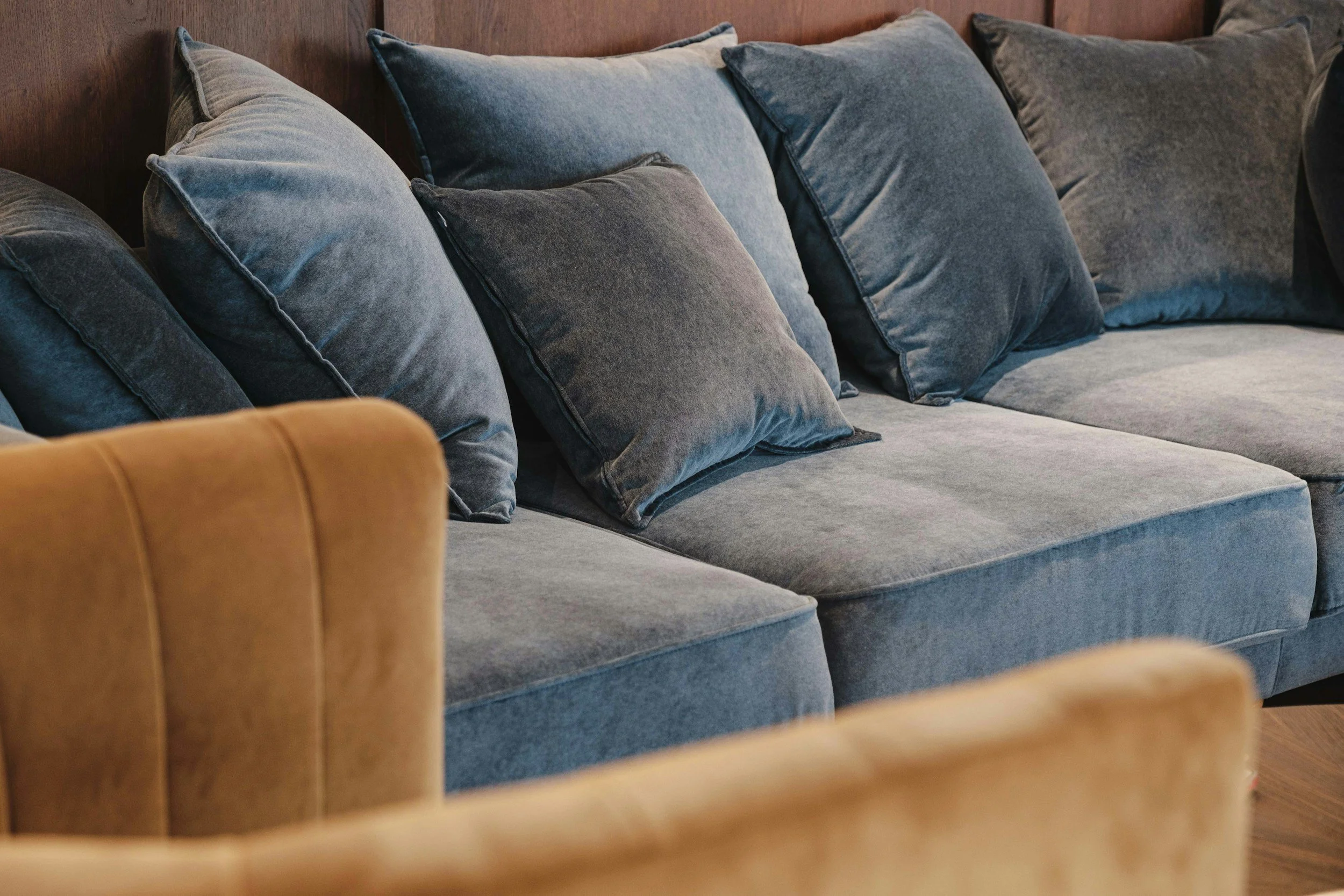 gray, blue, wood, camel, brown, sofa, armchair, pillows