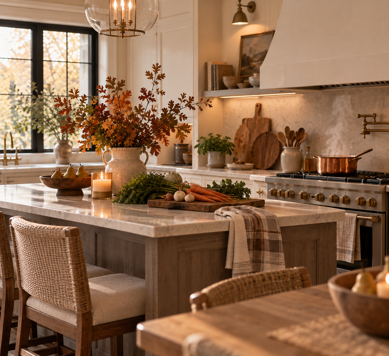 kitchen, pendants, cutting boards, wooden spoons, stove, island, towel, pears, candles, bowls, cabinets, counter tops, kitchen, barstools, pots, oil