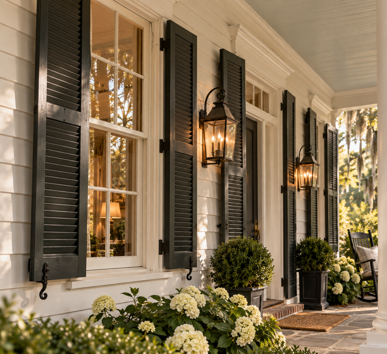 black exterior shutters on a Southern White traditional home