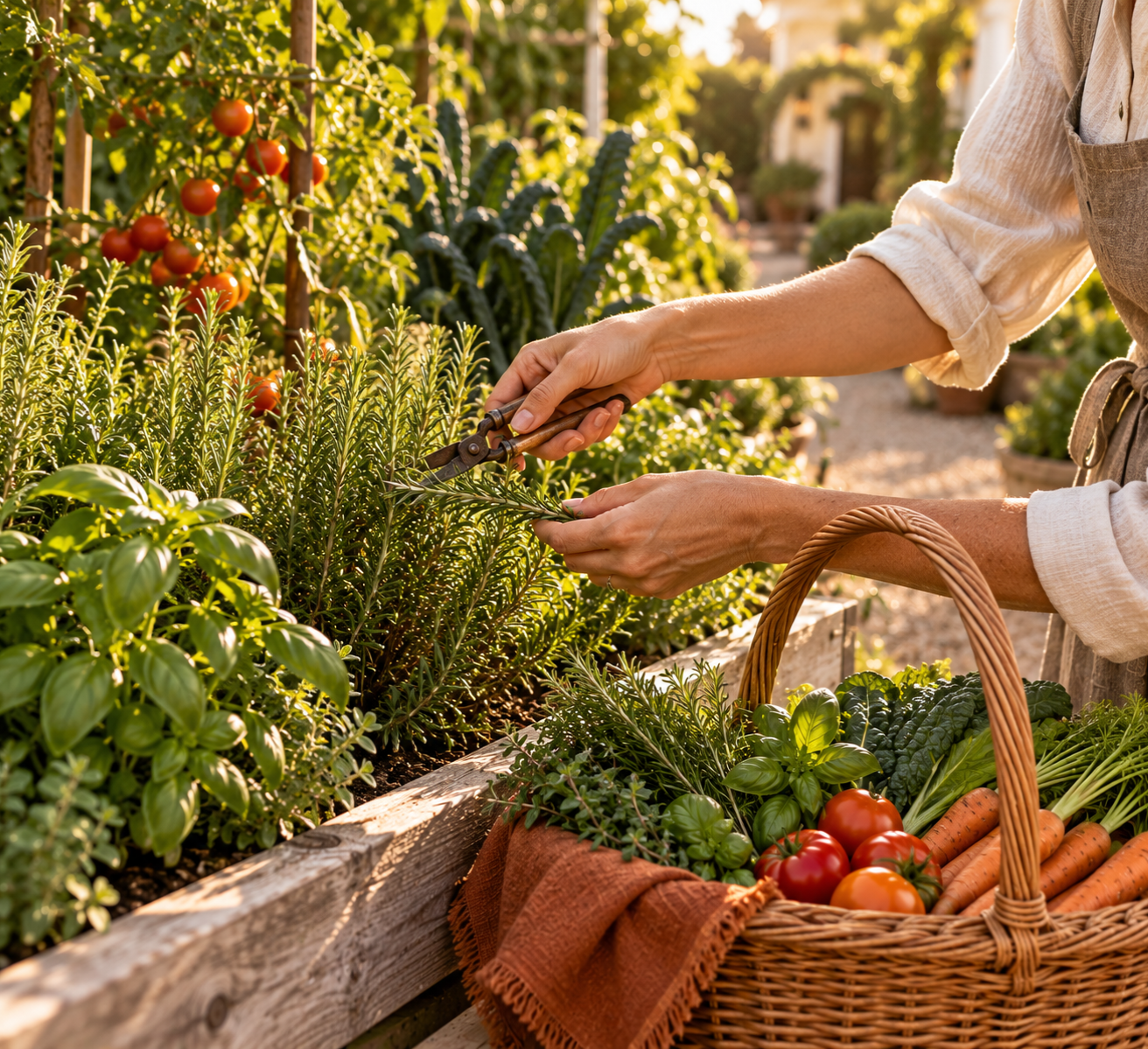 basket, garden, clippers, pruners, vegetables, green, red, orange, brown