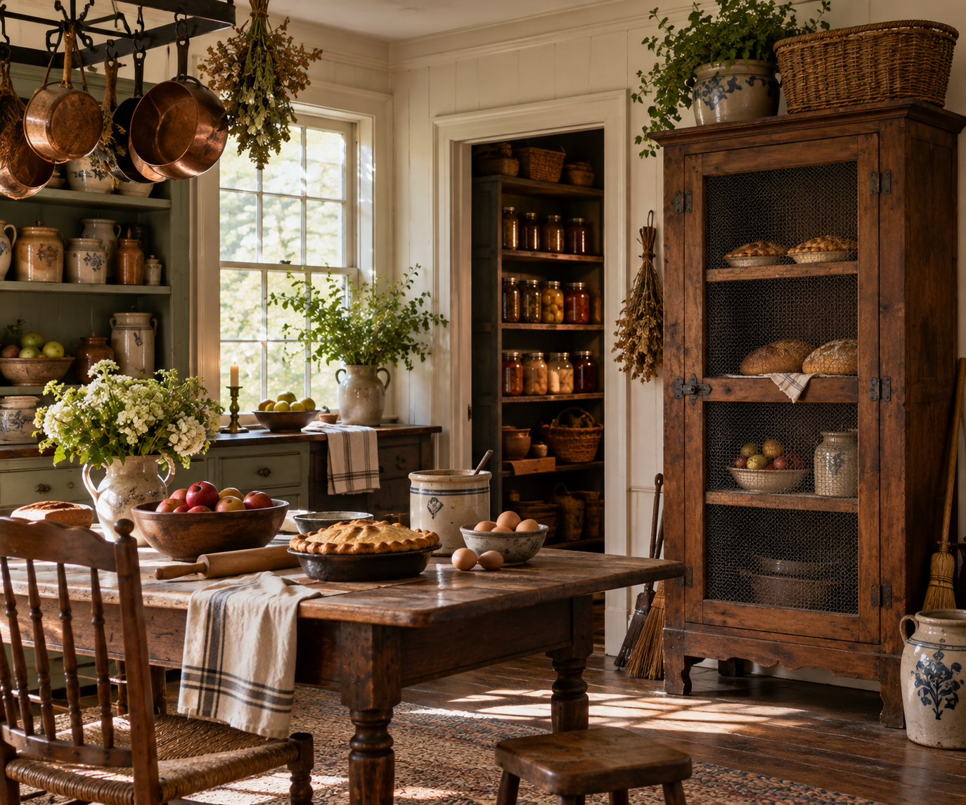pie safe, kitchen, refrigeration, table, fruit, bowl, flowers, planters, vase, rolling pin, jars, candles, candlestick, pantry, food, preserve, broom, table, chairs, eggs, bread, copper, pots