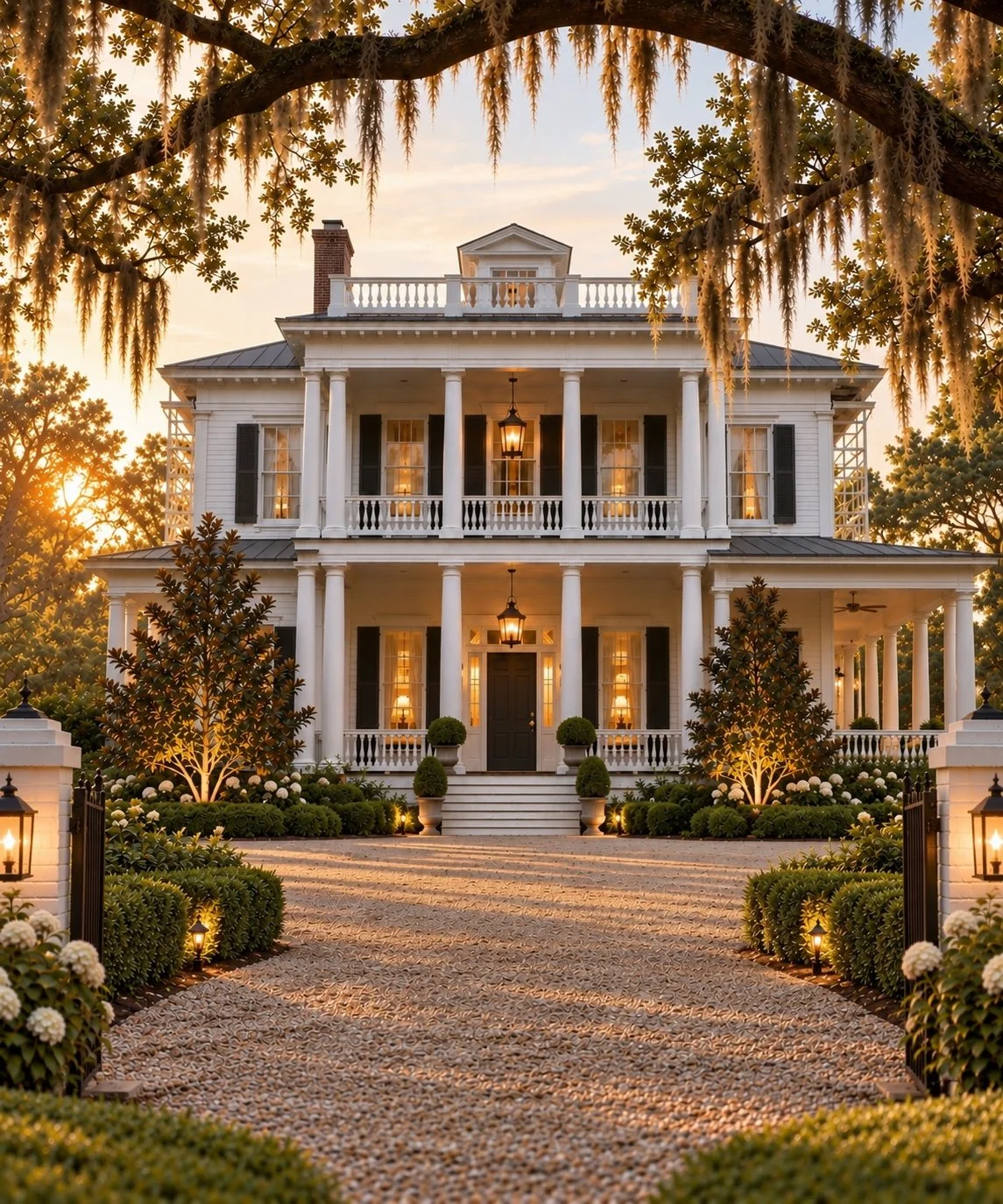 Grand Southern Home with Transoms, columns, shutters, front porch, landscaping, entrygate and lanterns and oaks