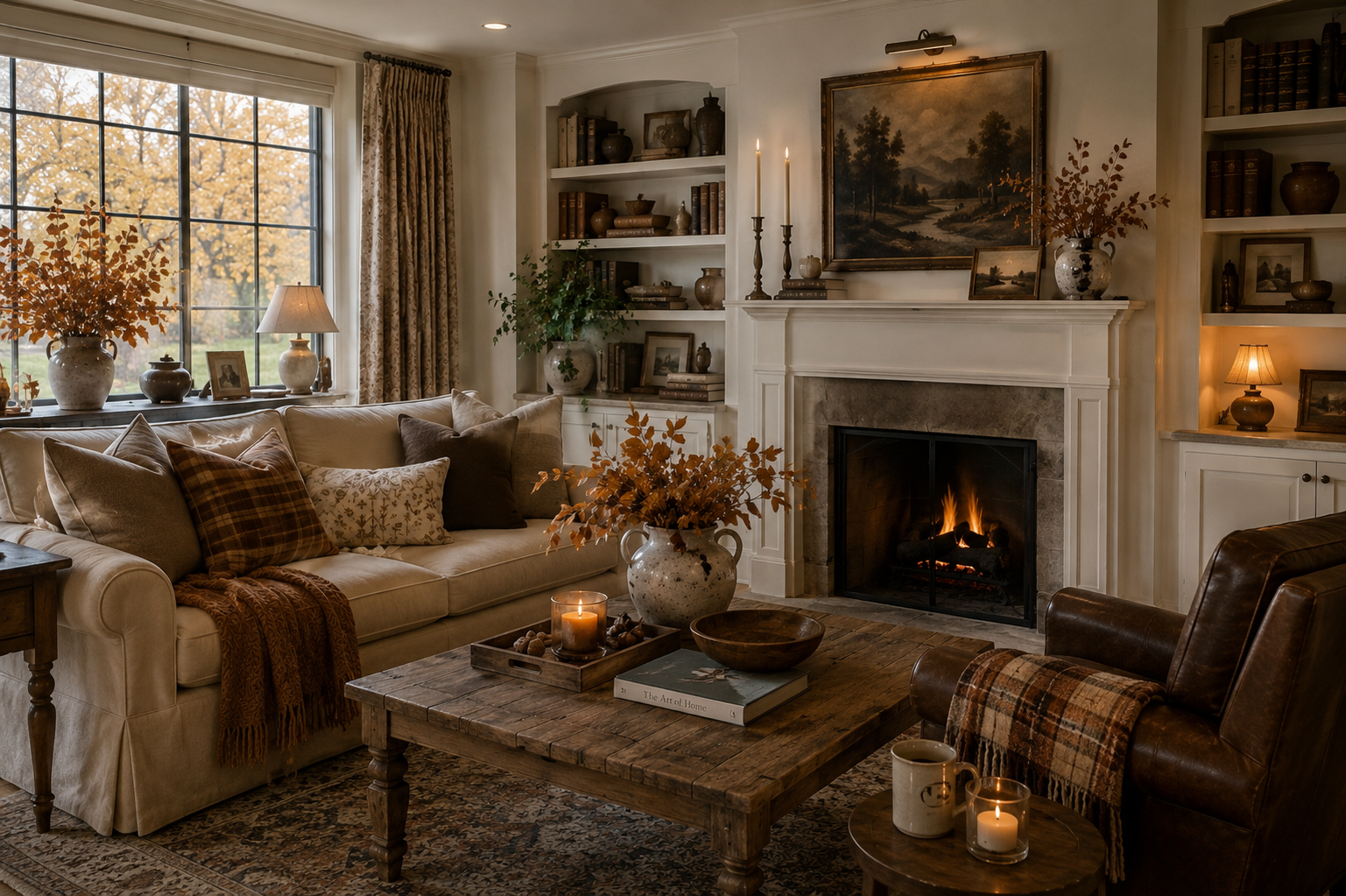 living room, fireplace, throw blanket, sofa, pillows, artwork, candles, books, decor, area rug, coffee table, lamp, lights, drapes, windows, plants, tray, bowl, mantle, hearth, vase, recliner, armchair, end table