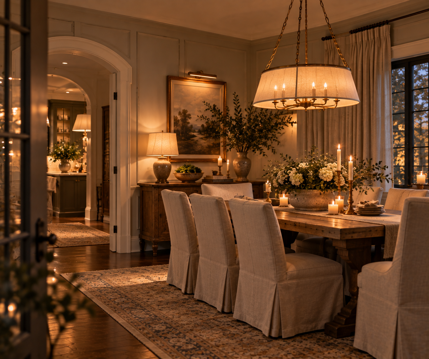 timeless dining room, chairs, table, chandelier, candles, flowers, lamp, artwork, rugs, millwork, casing, kitchen, sconces, window, drapes