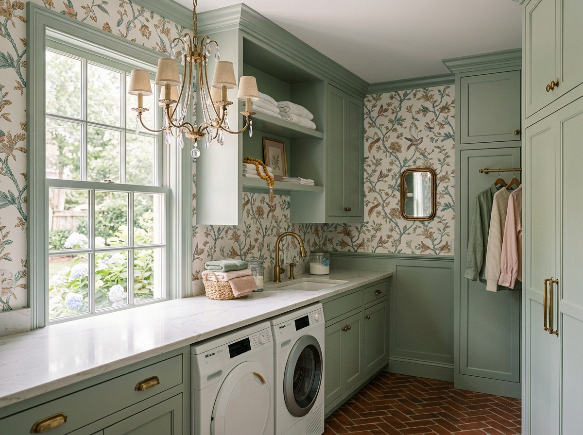 laundry room, green, wallpaper, floral, print, chandelier, basket, towels, art, mirror, clothes, hanging rod, washer, dryer, counter top, handles, pulls, faucet, laundry detergent, marble, gold, window, crown molding, wainscotting, batten and board
