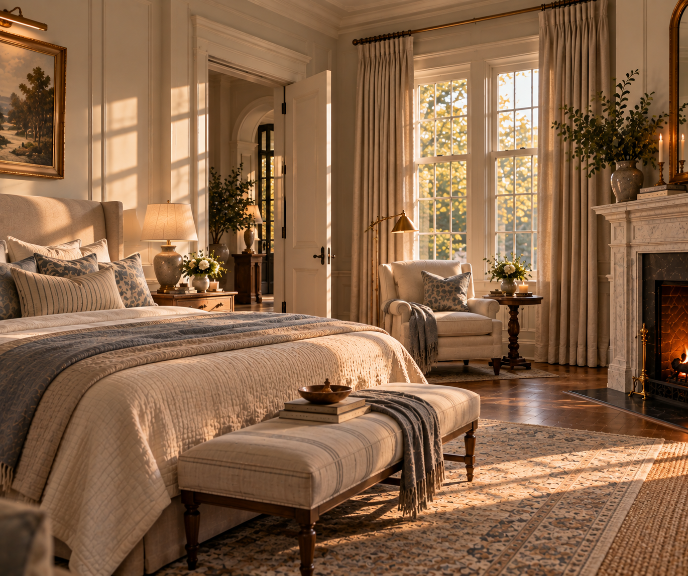 southern, traditional, bedroom, artwork, bedding, bench, rugs, fireplace, sitting nook, drapes