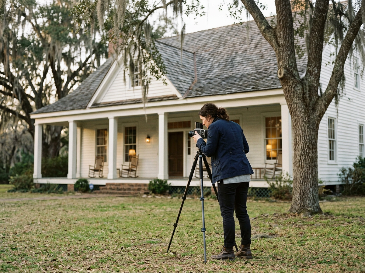 white, house, photographer, woman, jacket, pants, blue, black, green, gray, brown, rocking chairs, tree, oak, lantern, grass, bush, window, transom, lamp, dormer, tripod