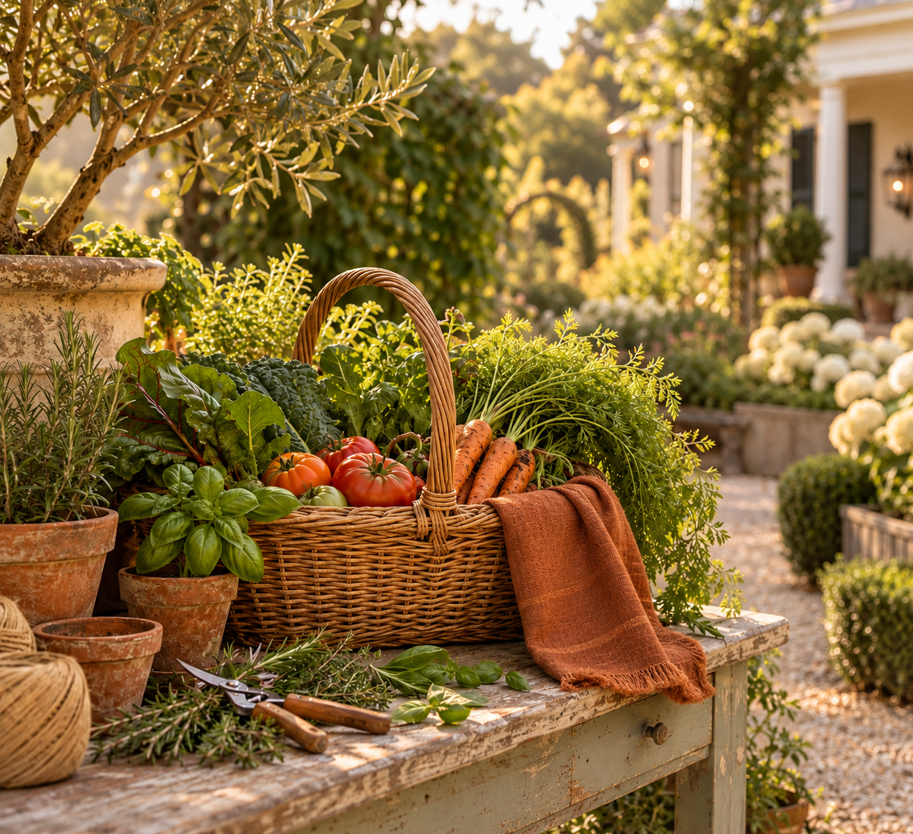 vegetables, garden, basket, towel, pots, plants, table