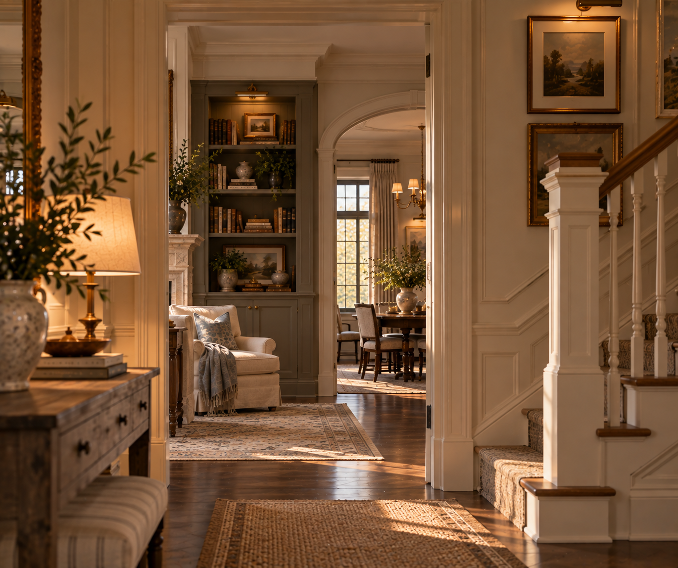 foyer, millwork, stairs, banister, artwork, plants, lamp, bookshelf, dining room, reading nook, fireplace, drapes