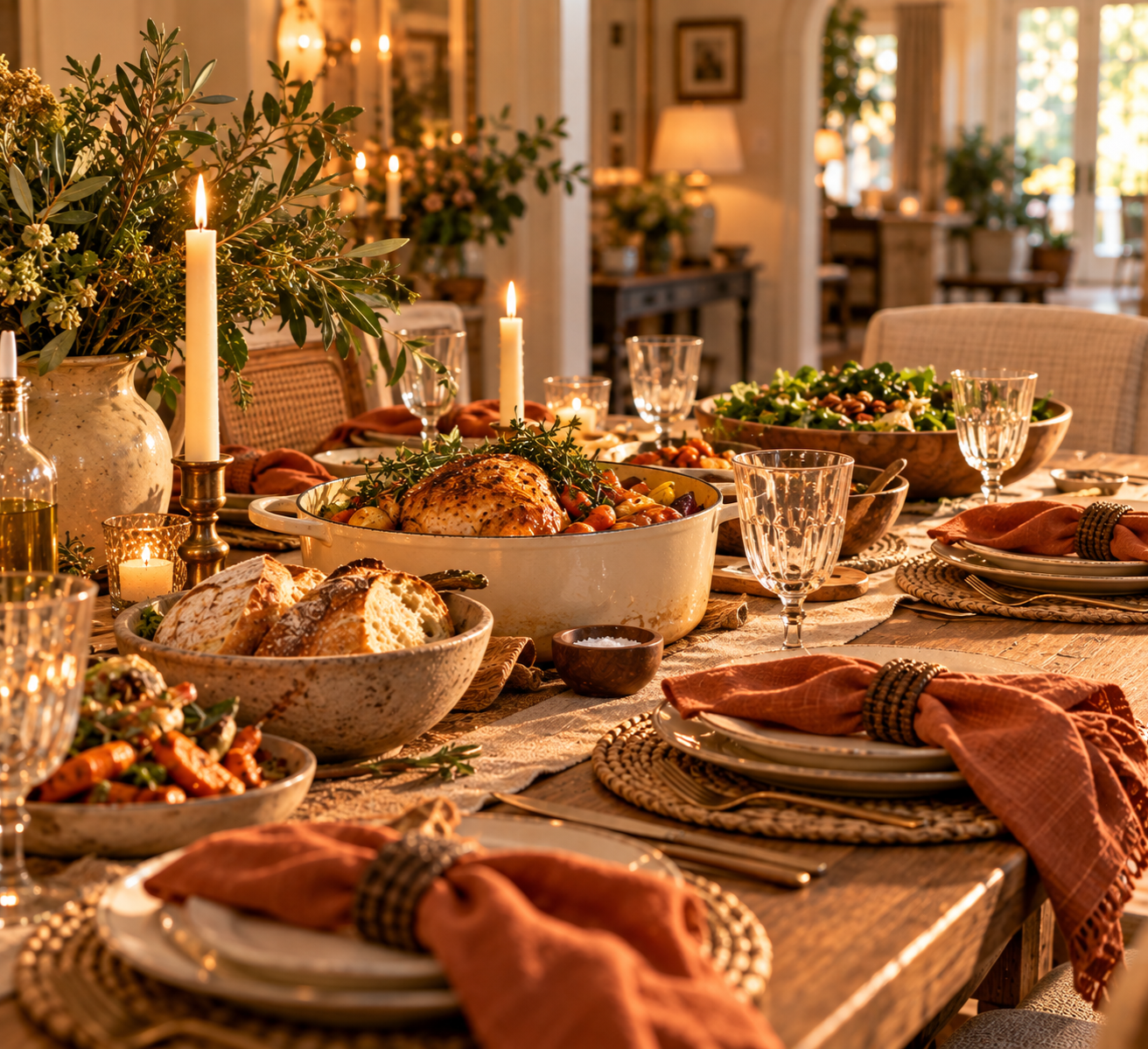 dinner, supper, table, gathering, feast, thanksgiving, tablescape, glass, drinks, candles