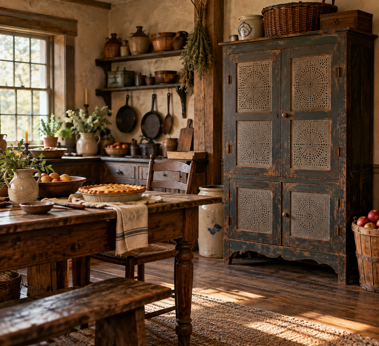 american pie safe, kitchen, table, chairs, fruit, planter, pans, cutting board, tin, vases, pot, bench, rug, wood, herbs