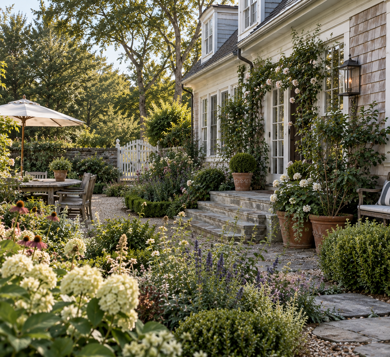 Cottage Garden, shingles, gate, table, umbrella, pot, lantern, dormers, steps
