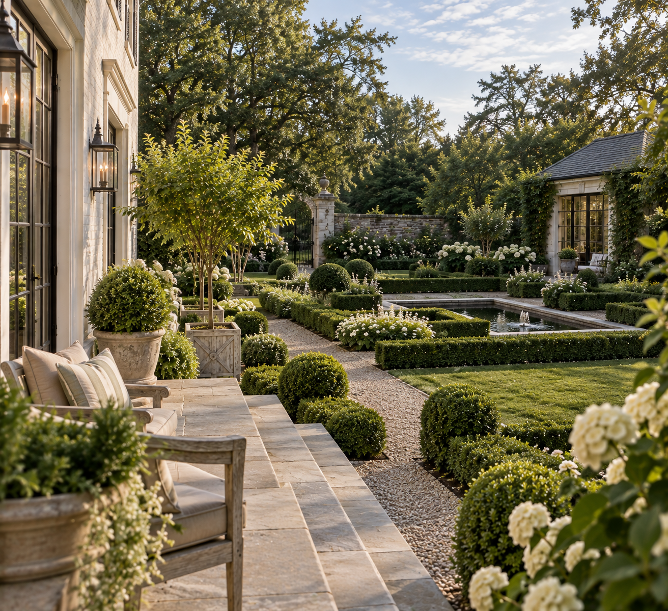 Formal Garden, Pool, steps, house, shutters, lantern, chair