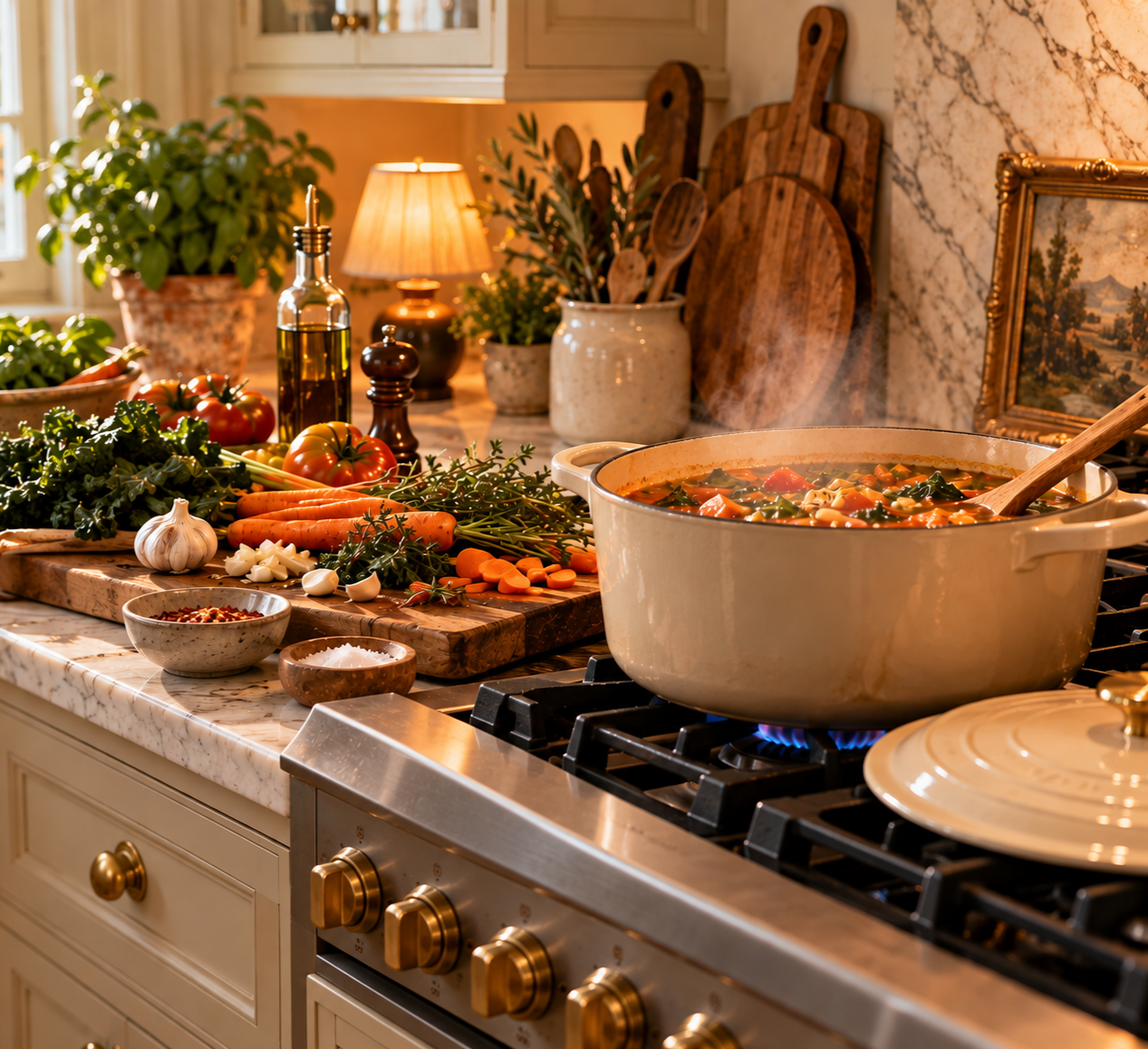 cooking, herbs, vegetables, smell, pot, spoon, soup, pasta, cutting board, oil, salt, pepper, garlic, carrots, greens, tomatoes