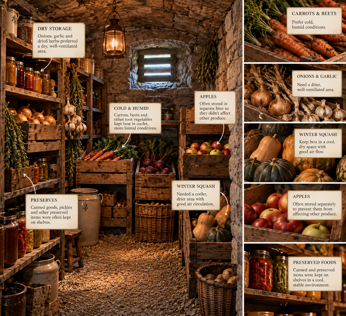 root cellar, vegetables, vegetable placement, humid, dry, ventilated, bins, shelves, hot, cold