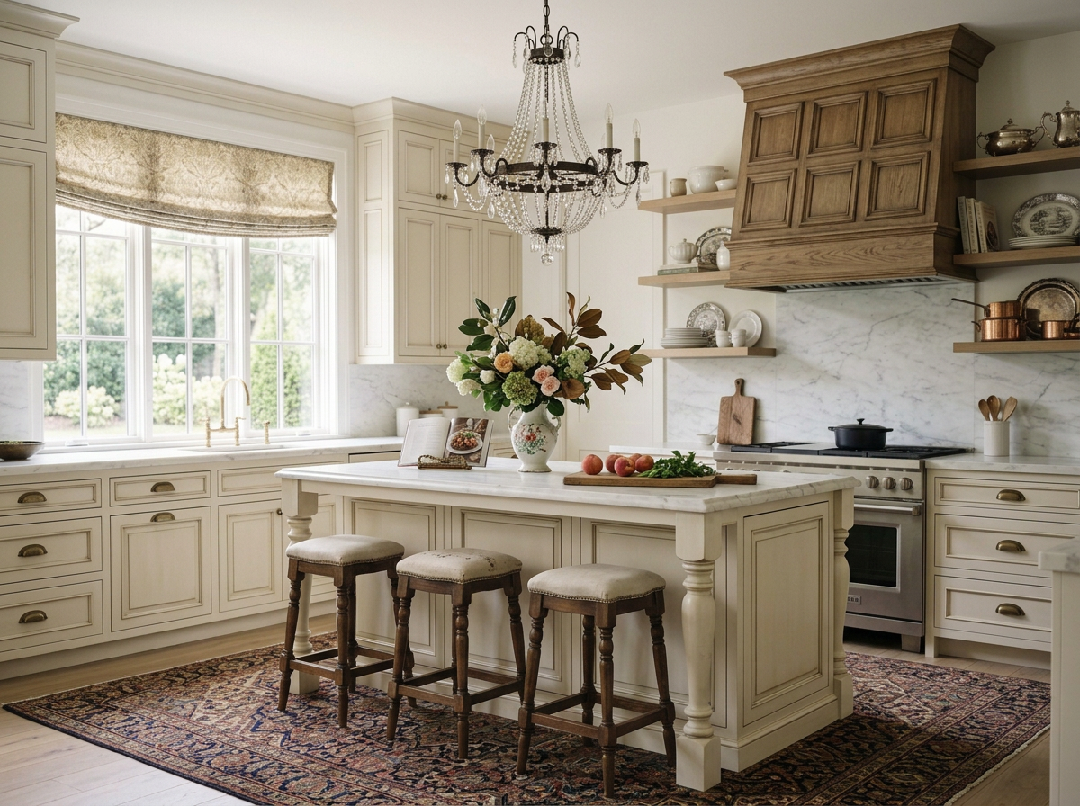 Southern, traditional, timeless, kitchen, white, brown, wood, hood, flowers, vase, cutting board, fruit, herbs, pot, plates, chandelier, roman shade, faucet, bowl, cups, coffee, tea, cookbook, recipe, stove, barstools, area rug, pulls, handles