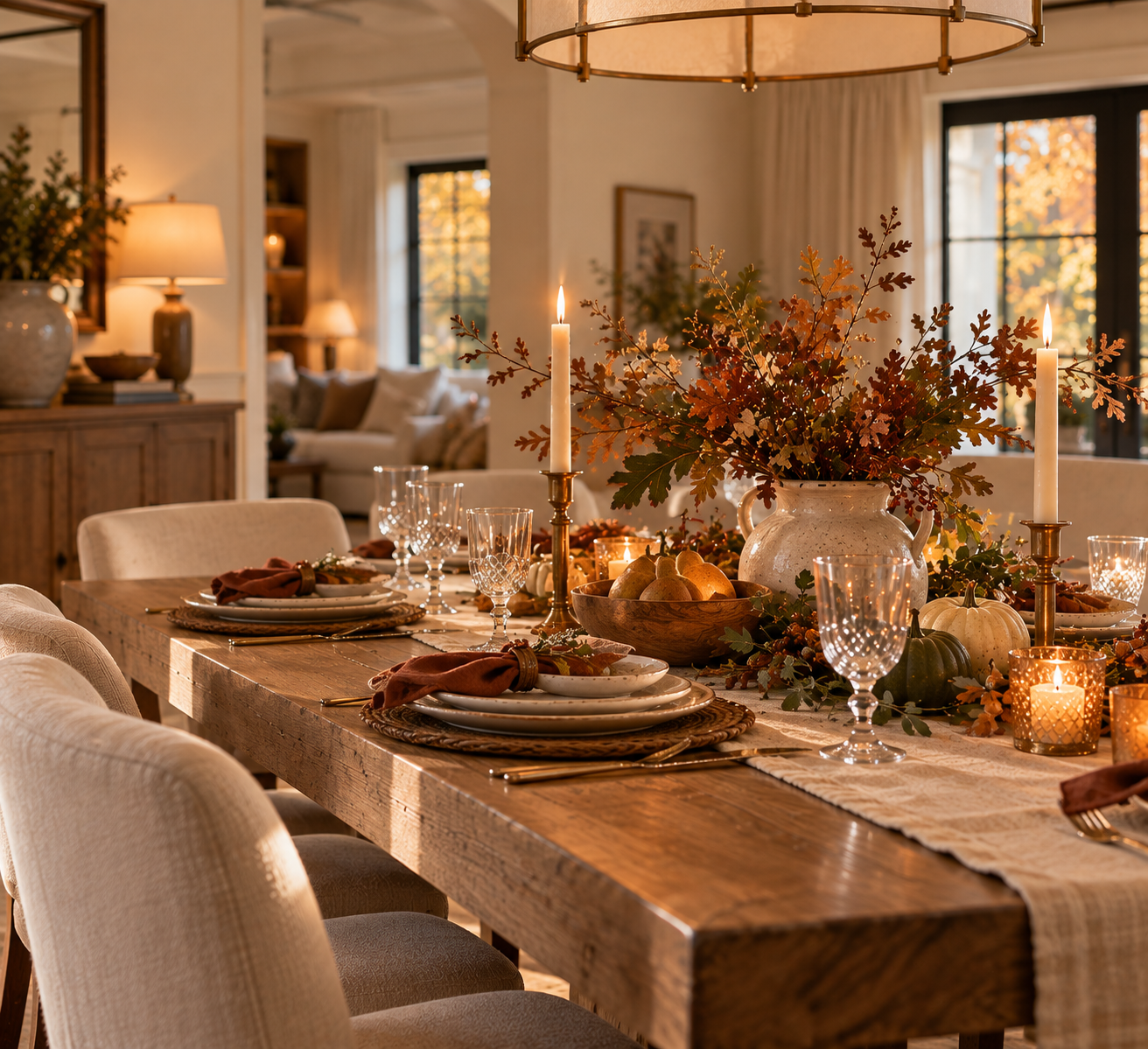 chandelier, candles, napkins, bowls, plates, silverware, leaves, foliage, chairs, lamp, windows, table runner