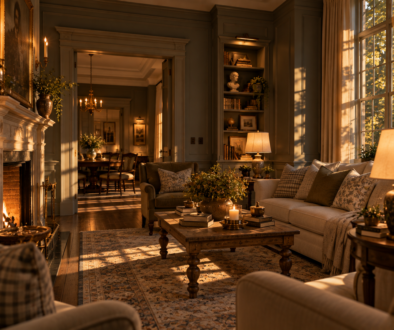 Heritage Living Room, historic homes, traditional, millwork, fireplace, bookshelves, pillows, couch, rugs, decor, lamps, chandelier