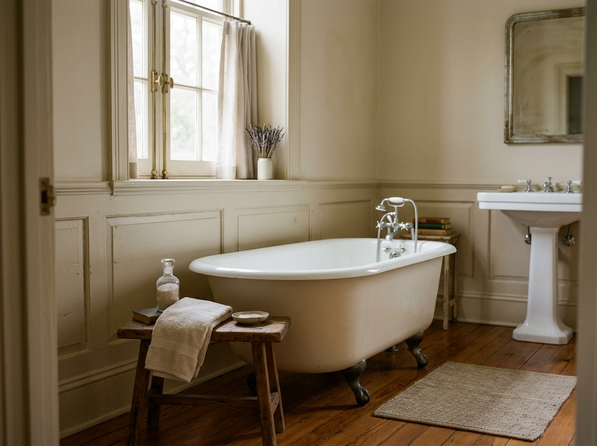 Master bathroom, retreat, clawfoot tub, bench, books, flowers, window, drapes, pedestal sink, mirror, cafe curtains, wainscotting, white, brown
