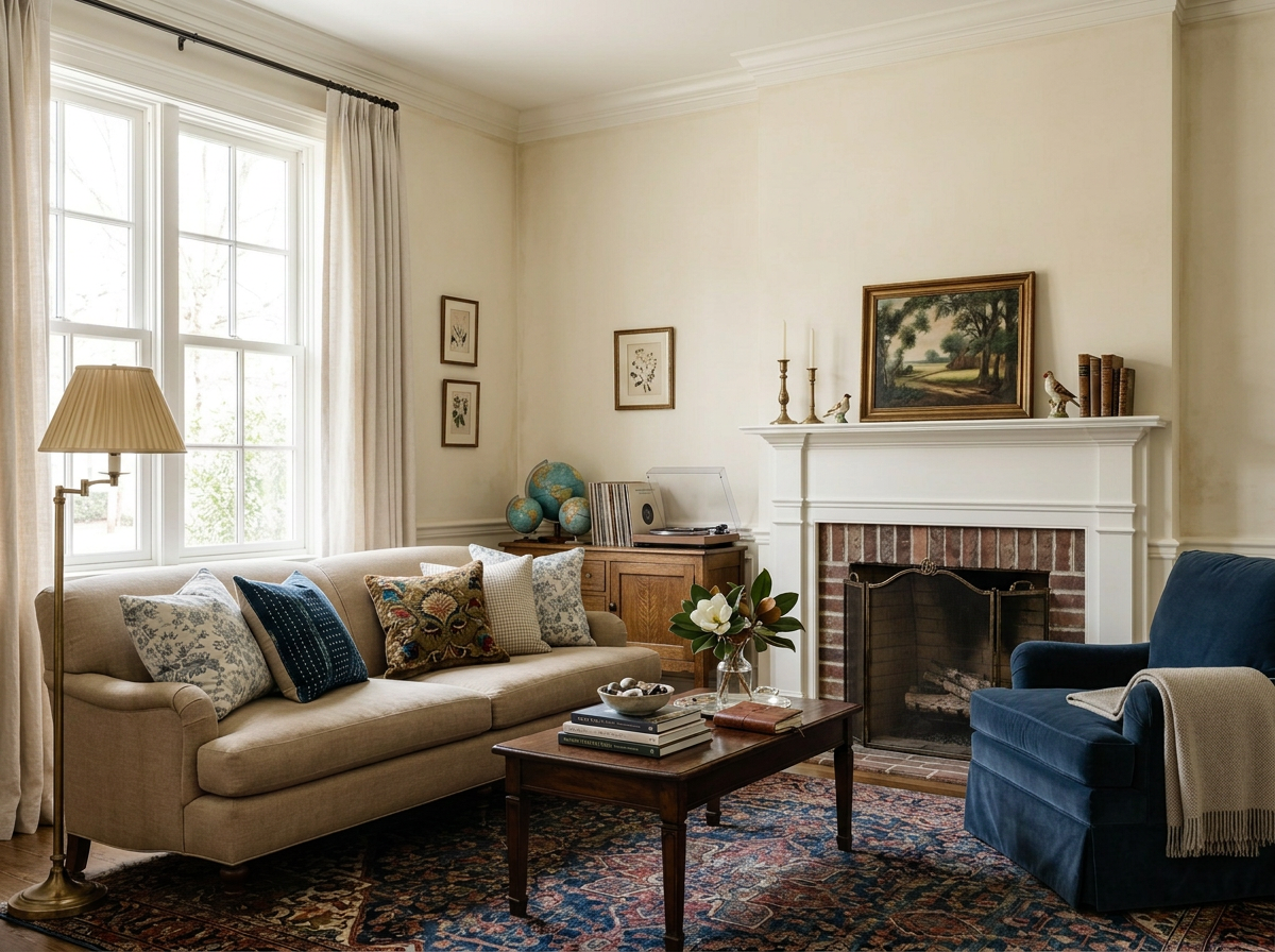 living room, southern, traditional, pattern, blue, beige, white, brown, brick, fireplace, coffee table, lamp, drapes, pictures, candles, books, chair, sofa, blanket, pillows, decor
