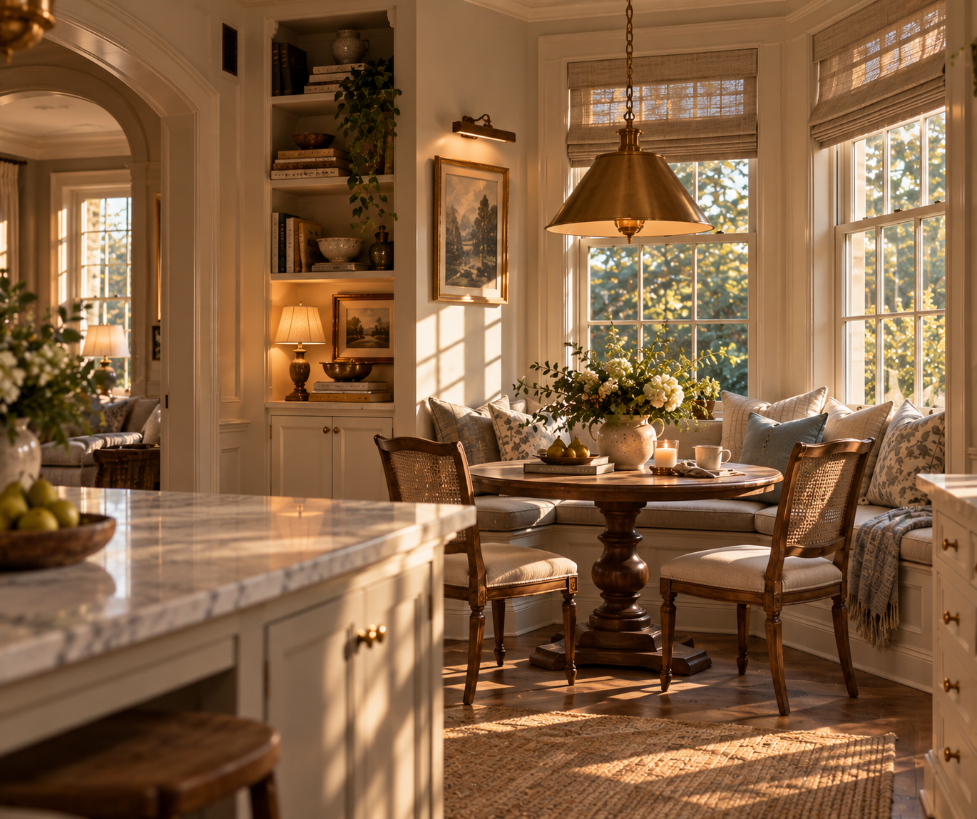 kitchen, nook, table, chairs, pillows, flowers, rug, nook, millwork, pendant