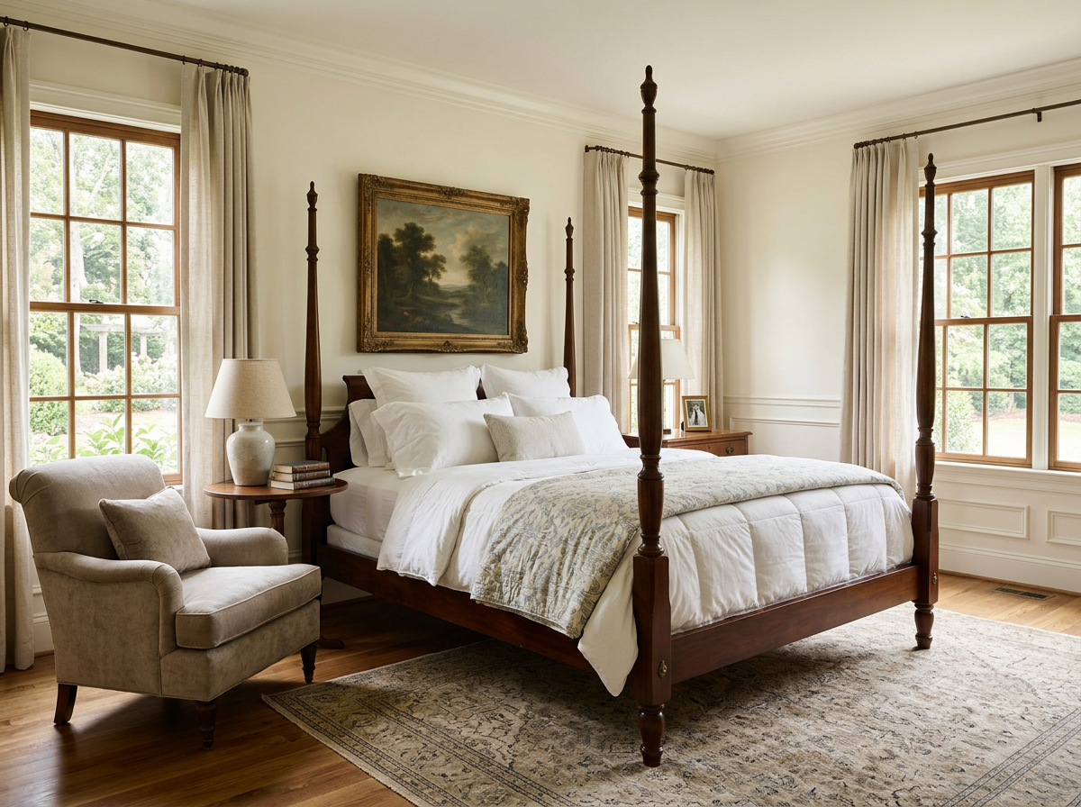 Master Bedroom, Southern, Traditional, soft, monochromatic, white, beige, brown, chair, bed, blanket, pillows, artwork, drapes, lamps, books, picture frame, area rug, wainscotting