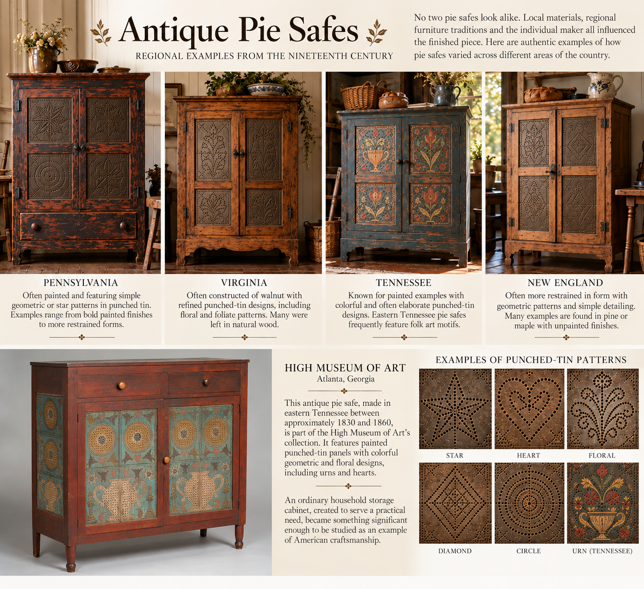 pie safe, antique, painted, wood, tin, flowers, heart, geometric shapes, craftsmanship