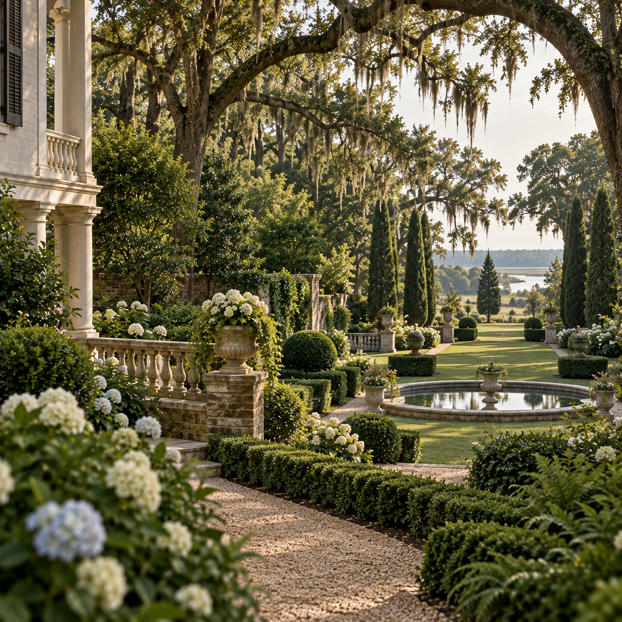 Formal Estate Garden, Fountain, Pots, Brick, Rail, Paths, Balcony, Trees, Grass, Hedges, Urn, Sunlight
