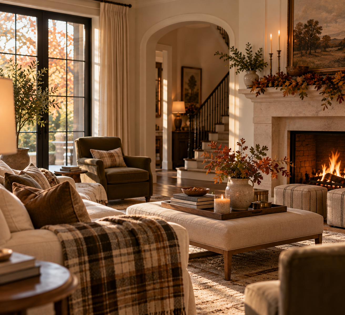 plaid, pillows, fall, autumn, candle, books, tray, vase, leaves, armchair, stairs, lamp, ottoman, fireplace, drapes, window