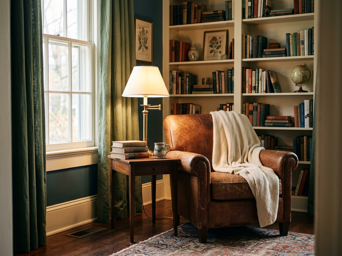 reading nook, cozy, chair, blanket, lamp, books, coffee, tea, library, bookshelves, drapes, window, ambient lighting, leather, artwork, decor, area rug, hardwood floor, baseboards