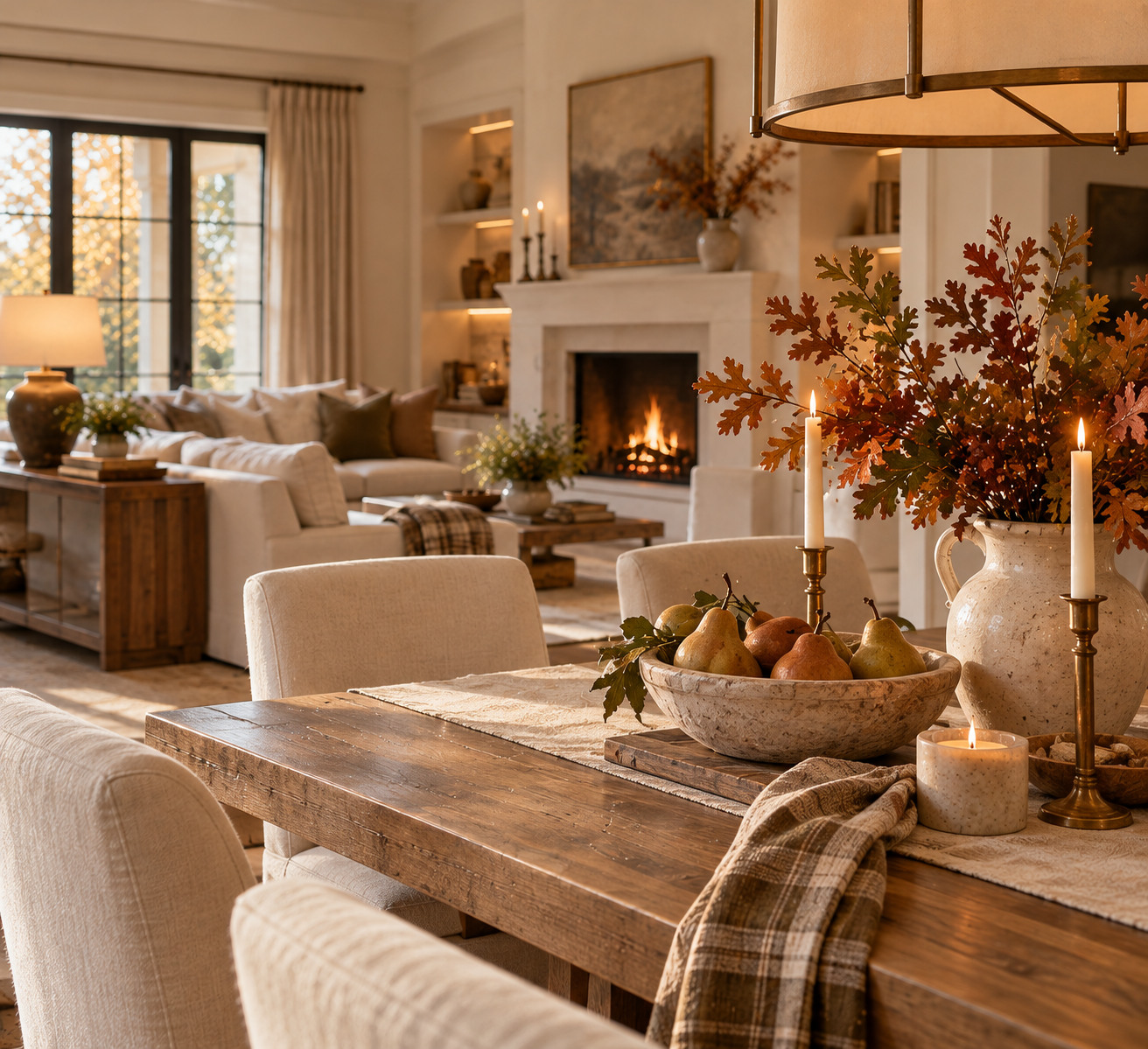 autumn, pears, bowl, candlesticks, lamp, plaid, throw pillows