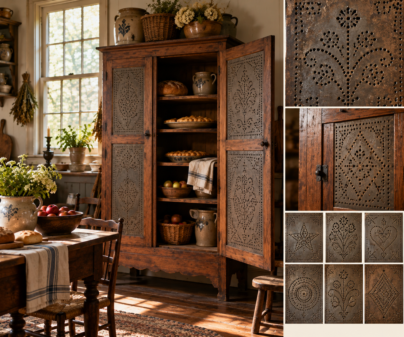 pie safe, shapes, heart, stars, flowers, geometric shapes, window, table, vase, fruit, pie, bread, towels, wood