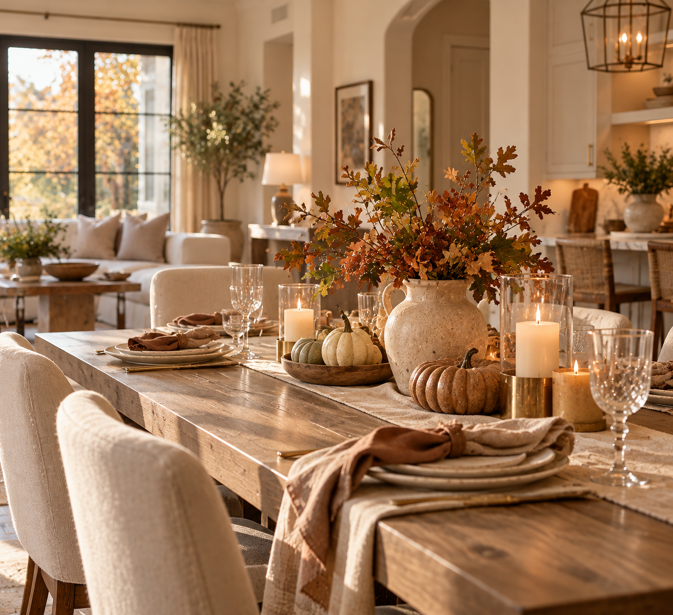 harvest, autumn, table setting, plants, napkins, plates, silverware, glasses, chairs, sofa, pillows, windows, lamp, cutting board, living room, kitchen