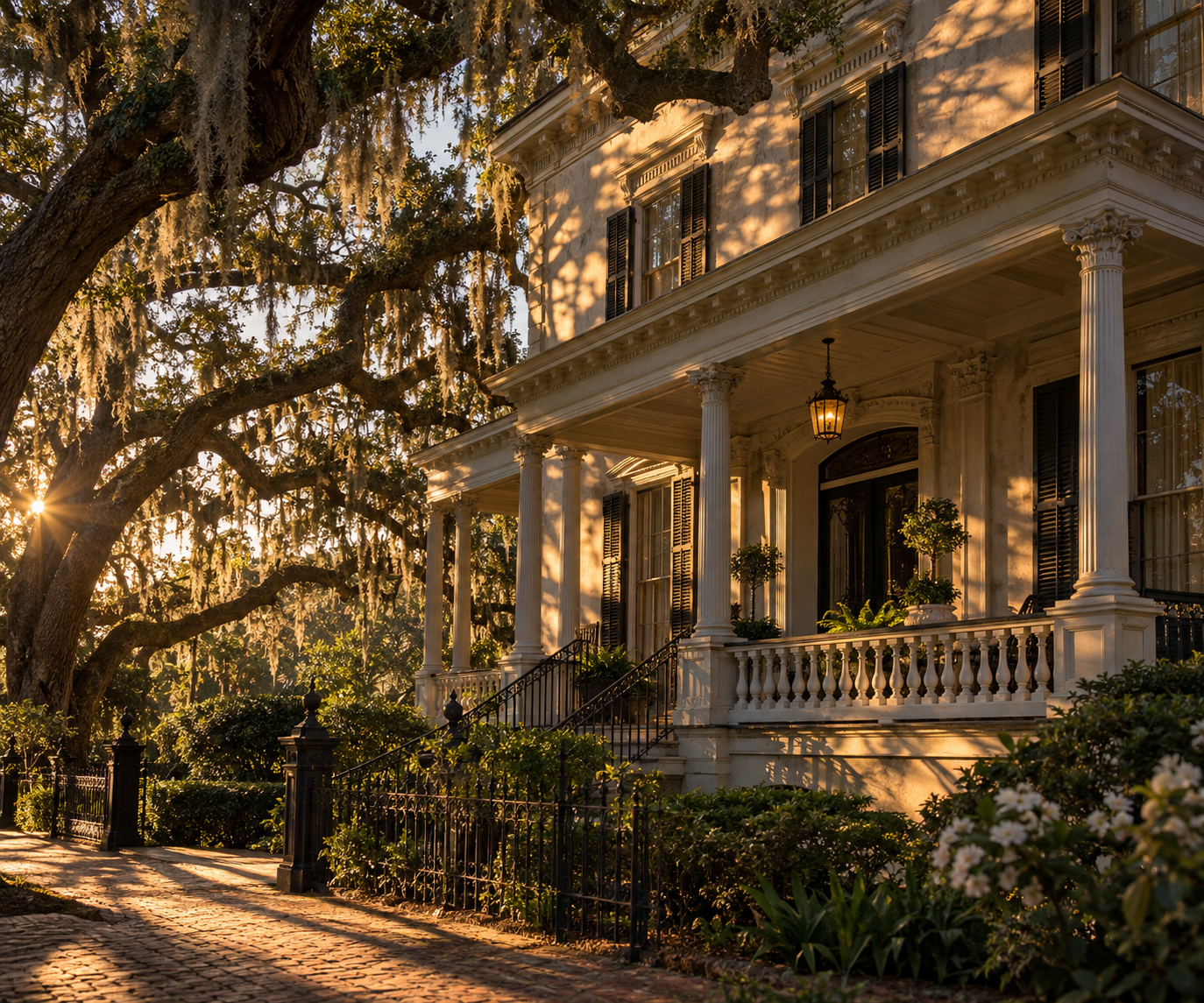 southern, estate, oak trees, fence, front porch, lantern, shutters