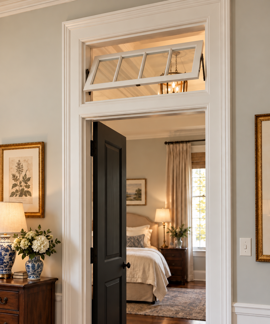Traditional Southern Home, transom, collected, bedroom, vase, black door, lamp, drapes, bedding, pillows, nightstand, area rug