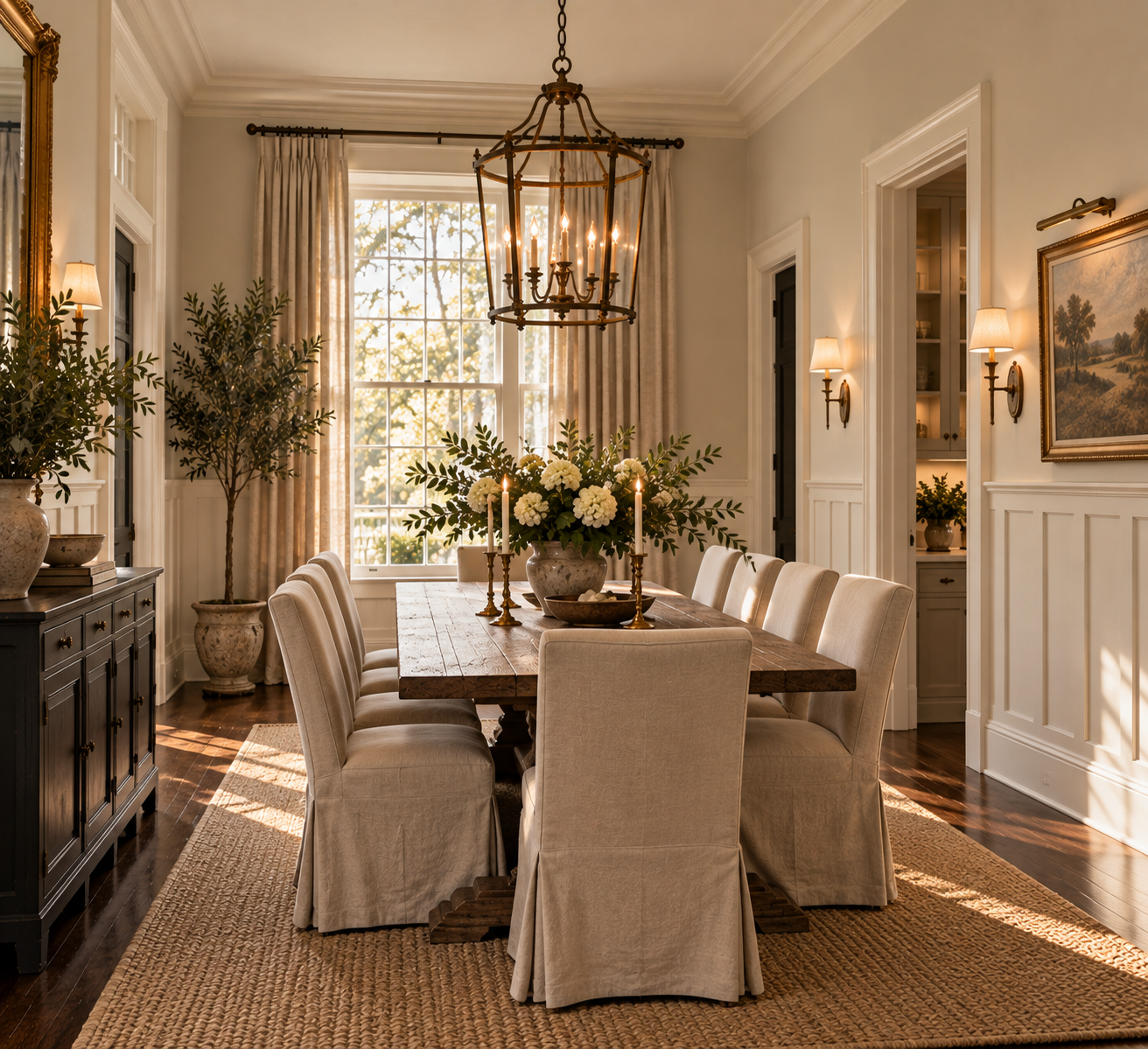 Dining room with batten and boar, tall ceilings, a large dining set and chandelier with a black sideboard