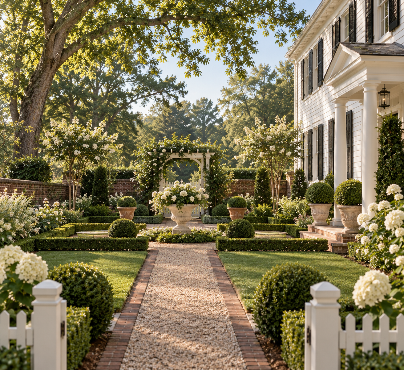 Colonial Revival Garden, trees, house, path, brick, pots, white, path, step, shutters, lantern, wall