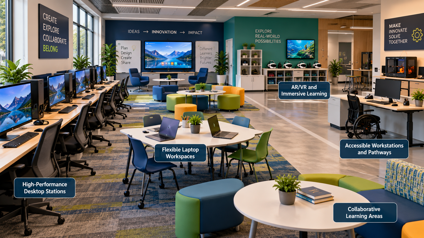 Modern computer lab featuring desktop stations, flexible laptop workspaces, collaborative learning areas, AR/VR technology, and accessible pathways and workstations.
